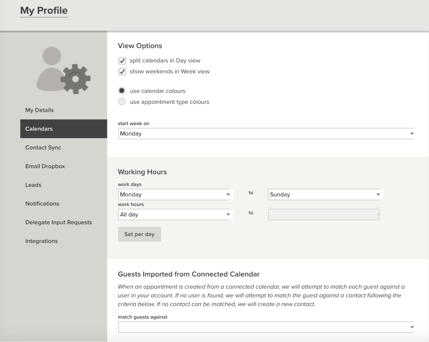 Calendar settings section in the Personal Profile