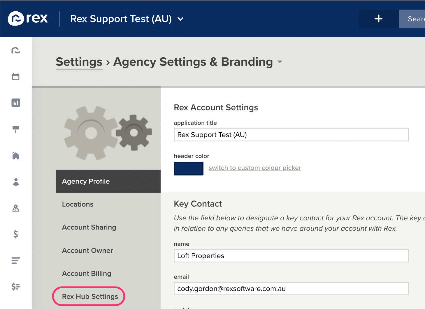 Selecting Rex Hub Settings from the left side menu